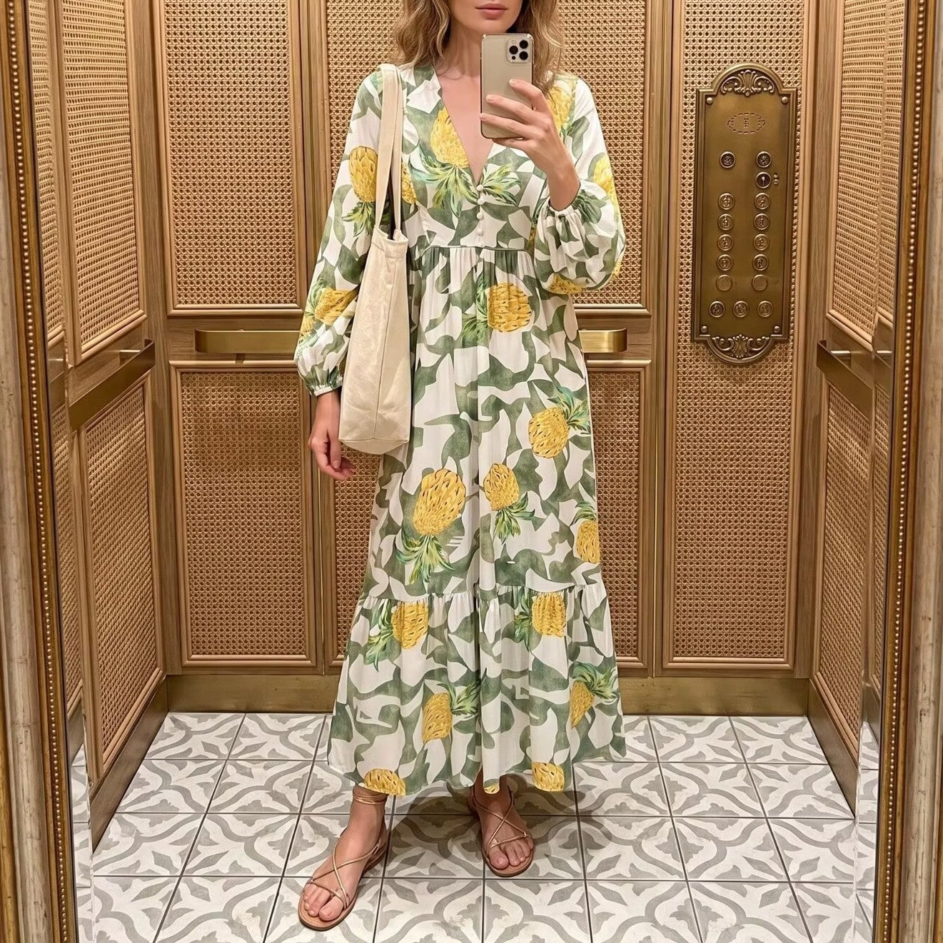 Women Clothing Autumn Rayon Printed Bohemian Vacation Loose Long Sleeve Dress