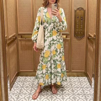 Women Clothing Autumn Rayon Printed Bohemian Vacation Loose Long Sleeve Dress