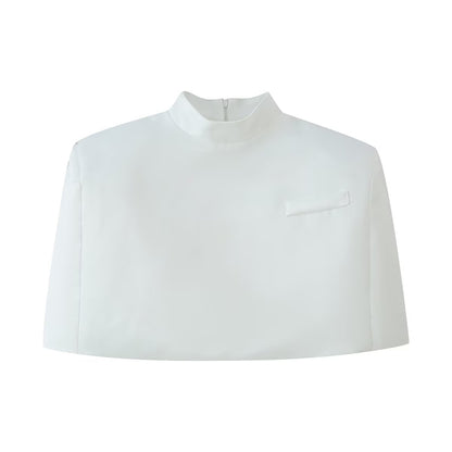 Women Clothing Office Small Stand Collar Faux Pocket Decoration Cape Top