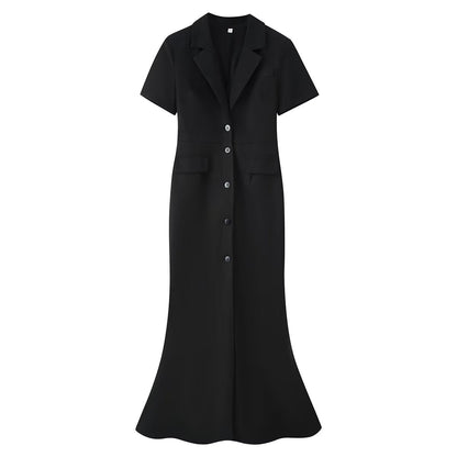 Women Clothing Summer Elegant Collared Single Breasted Slim Dress