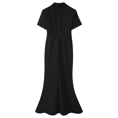 Women Clothing Summer Elegant Collared Single Breasted Slim Dress