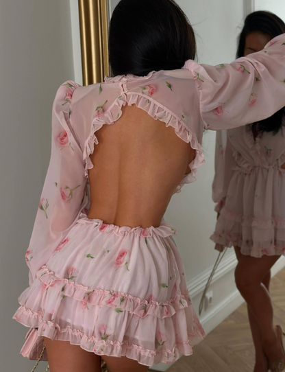 Women Clothing Fresh Sweet Floral Tight Waist Back Hollow Out Cutout-out Long Sleeve Chiffon Dress