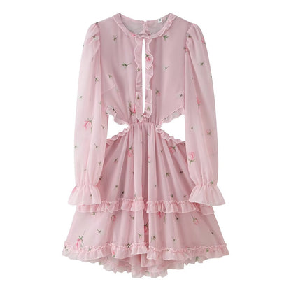 Women Clothing Fresh Sweet Floral Tight Waist Back Hollow Out Cutout-out Long Sleeve Chiffon Dress