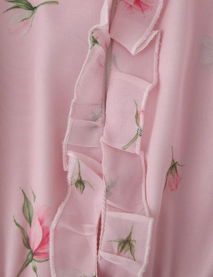 Women Clothing Fresh Sweet Floral Tight Waist Back Hollow Out Cutout-out Long Sleeve Chiffon Dress