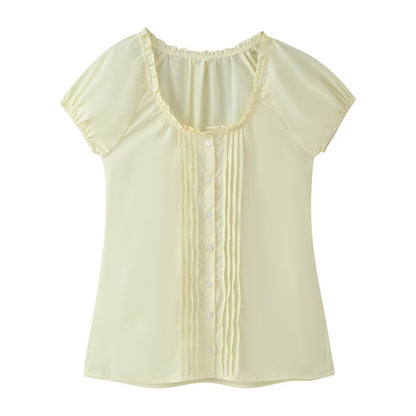 Women Clothing French Retro Easy Matching Solid Color Tucker Pleats Puff Short Sleeve Top