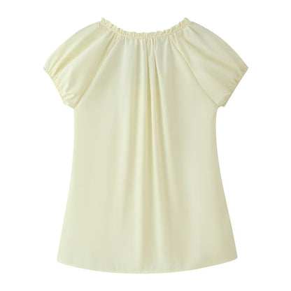 Women Clothing French Retro Easy Matching Solid Color Tucker Pleats Puff Short Sleeve Top