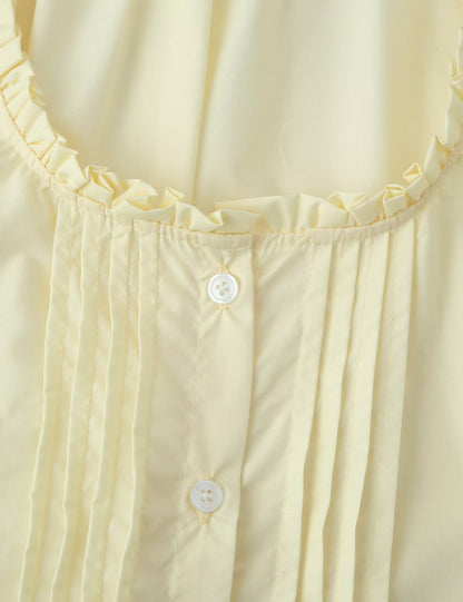 Women Clothing French Retro Easy Matching Solid Color Tucker Pleats Puff Short Sleeve Top