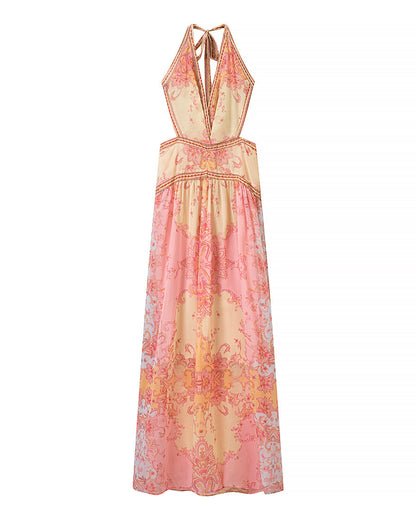 Halterneck Printed Tie Dye Dress Women Clothing Summer Stylish Printed Tie Dye Dress