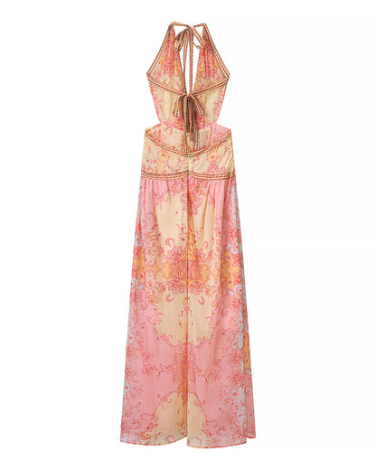Halterneck Printed Tie Dye Dress Women Clothing Summer Stylish Printed Tie Dye Dress