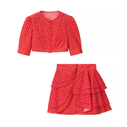 Women Retro Printed Crew neck Short Top Flounced Skirt Set