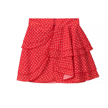Women Retro Printed Crew neck Short Top Flounced Skirt Set
