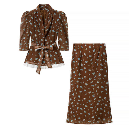 Women Floral round Neck Waist Trimming Slimming Waist Controlled Top Fish Skirt Set