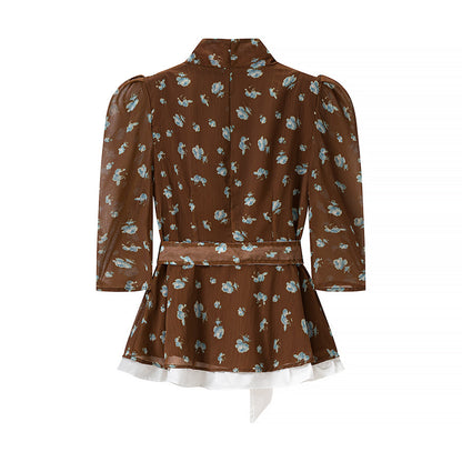 Women Floral round Neck Waist Trimming Slimming Waist Controlled Top Fish Skirt Set