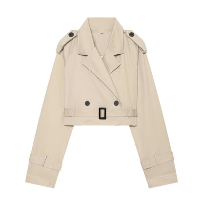 Summer Women Clothes Office Belt Collared Long Sleeve Short Trench Coat