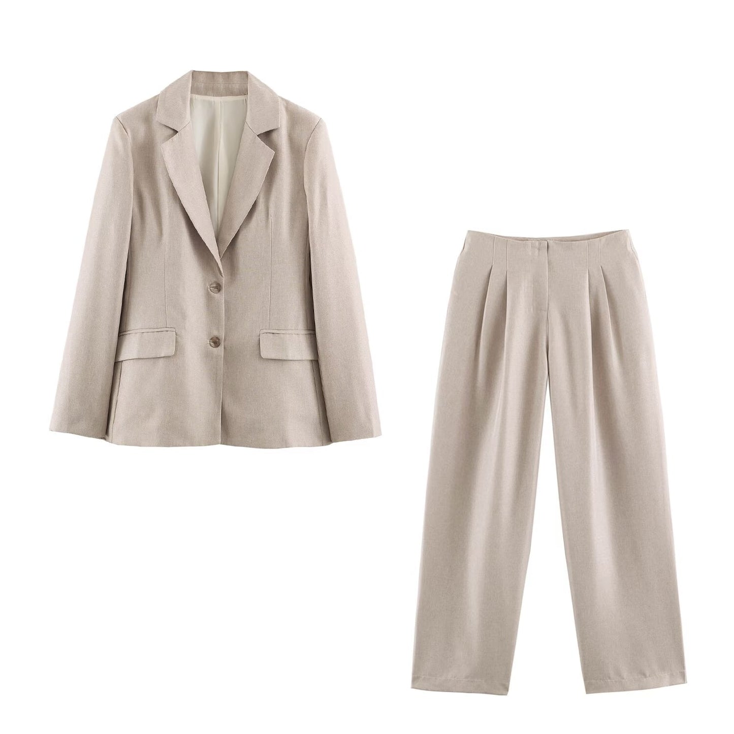 Women Collared Long Sleeve with Padded Shoulder Waist Tight High Waist Straight Leg Pants Sets