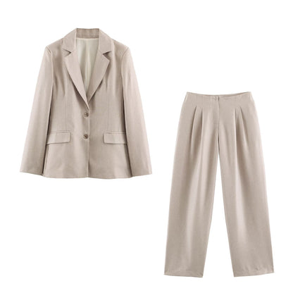 Women Collared Long Sleeve with Padded Shoulder Waist Tight High Waist Straight Leg Pants Sets