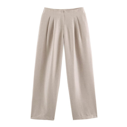 Women Collared Long Sleeve with Padded Shoulder Waist Tight High Waist Straight Leg Pants Sets