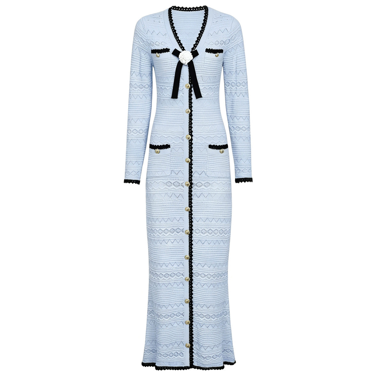 Spring Autumn Fashionable Knitted V neck Floral Slim Fit Slimming Long Sleeves Dress Women