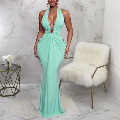 Women Clothing Elegant Halter V neck Sexy Backless Lace up Pleated Maxi Dress