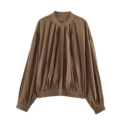 Women Clothing Summer Long Sleeve round Neck Vertical Loose Shirt Top