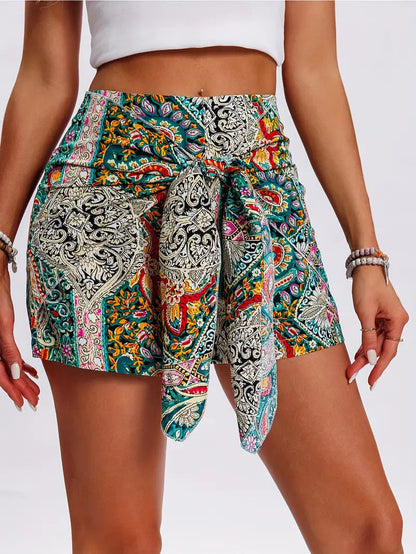 Women's Printed High-Waisted Bohemian Shorts – Front-Knot Detail