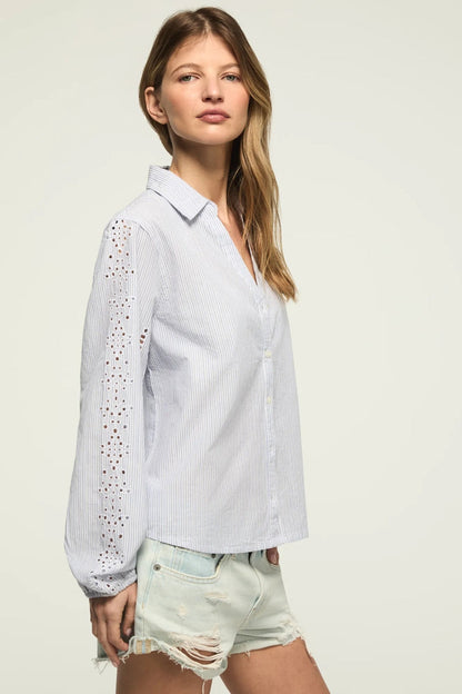 [157841-420] WOMENS LUCKY BRAND CUTWORK LONG SLEEVE BUTTON DOWN - BLUE STRIPE