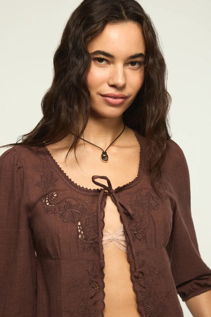 [157942-200] WOMENS LUCKY BRAND FESTIVAL CUTWORK FLYAWAY BLOUSE - FRENCH ROAST