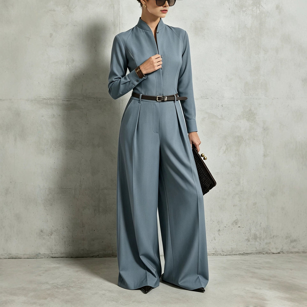 Women's Stand-Collar Long-Sleeve Wide-Leg Jumpsuit