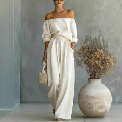 Women's Off-Shoulder Long-Sleeve Top & Wide-Leg Pants Two-Piece Set