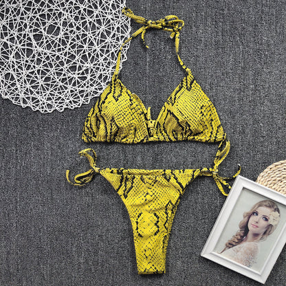 Color Blooming Printed Bikini Sexy Lace up Double Sided Fabric Women Swimsuit Bikini