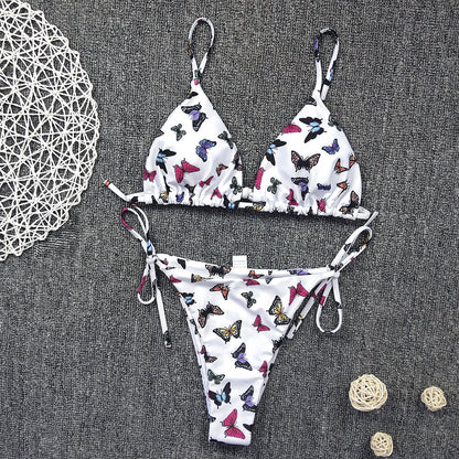 Color Blooming Printed Bikini Sexy Lace up Double Sided Fabric Women Swimsuit Bikini