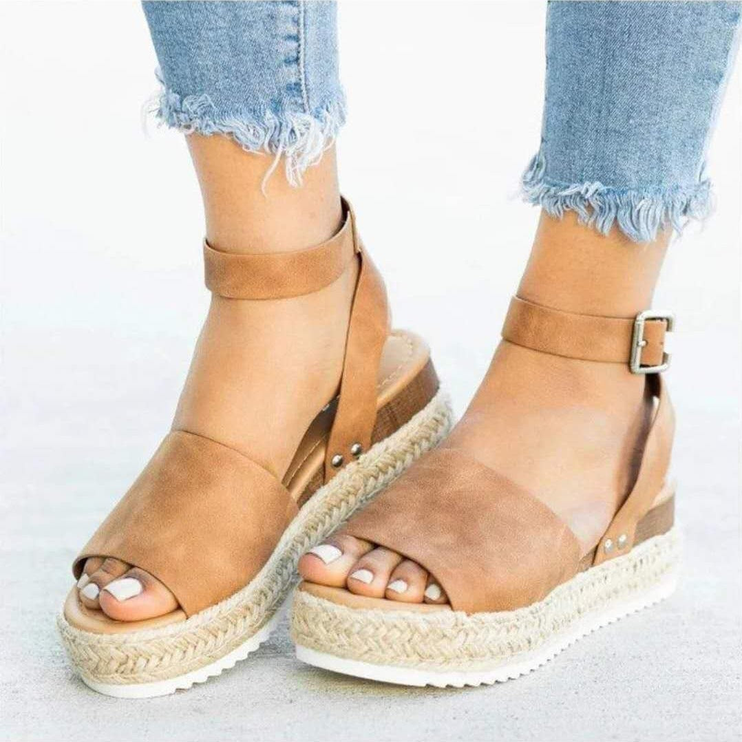 plus Size Summer Platform Heel Buckle Sandals Women Leopard Print Hemp Rope Woven Wedge