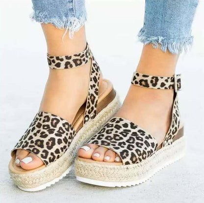plus Size Summer Platform Heel Buckle Sandals Women Leopard Print Hemp Rope Woven Wedge