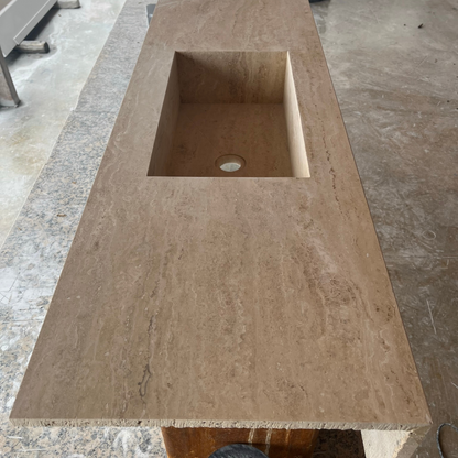 Travertine Beige Handcrafted Custom Bathroom Vanity Sink - Vein-Cut Natural Stone