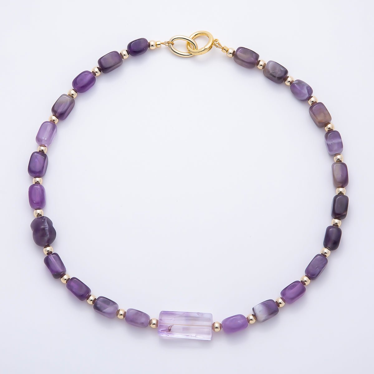 16K Gold Filled 12.5mm Amethyst Rectangle Gemstone Chain 19 Inch Necklace w. Dual Push Gate | WA-00570