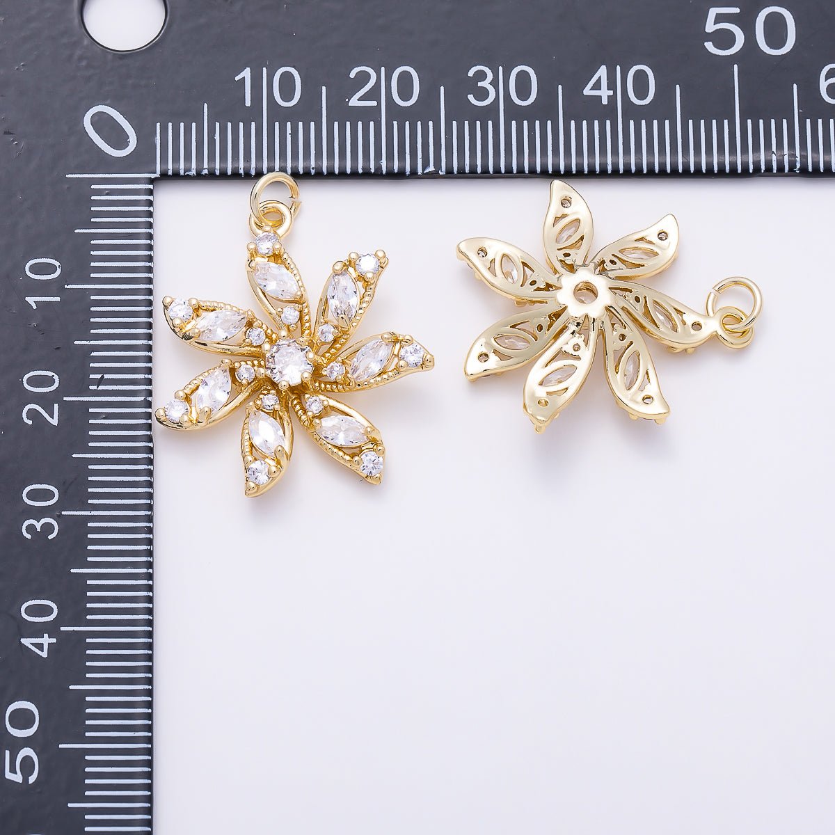 16K Gold Filled 24mm Clear CZ Marquise Round Petal Flower Charm | Charms-01546