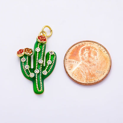 16K Gold Filled 27mm Clear CZ Plant Cactus Enamel Charm | Charms-01510