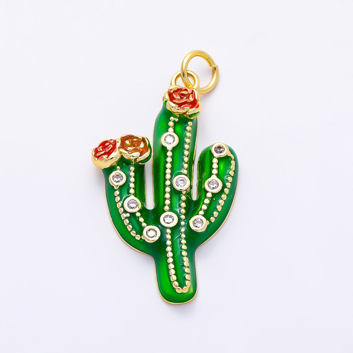 16K Gold Filled 27mm Clear CZ Plant Cactus Enamel Charm | Charms-01510