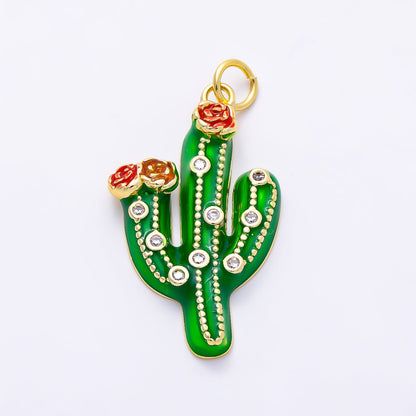 16K Gold Filled 27mm Clear CZ Plant Cactus Enamel Charm | Charms-01510