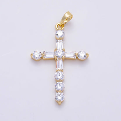 16K Gold Filled 35mm Clear CZ Baguette Round Religious Cross Pendant | Charms-01540