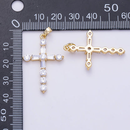 16K Gold Filled 35mm Clear CZ Baguette Round Religious Cross Pendant | Charms-01540