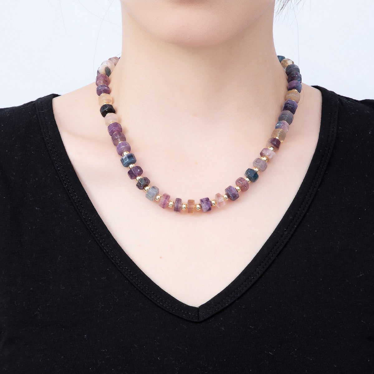16K Gold Filled 9.1mm Tourmaline Tube Rondelle Gemstone Chain 19 Inch Necklace w. Sailor Clasps | WA-00499