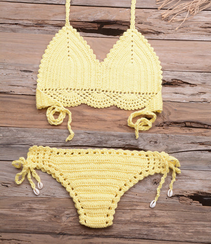 Beach Hollow-out Handmade Woven Split Strap Tank-Top Matching Shell Bikini Briefs