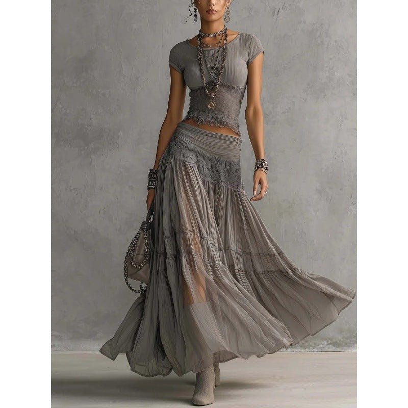 Women's Ribbed Knit Fringe-Hem Crop Top & Tiered Crinkle Chiffon Maxi Skirt Boho-Luxe Set