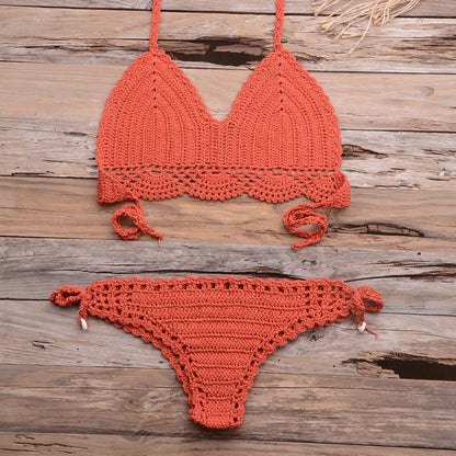 Beach Hollow-out Handmade Woven Split Strap Tank-Top Matching Shell Bikini Briefs