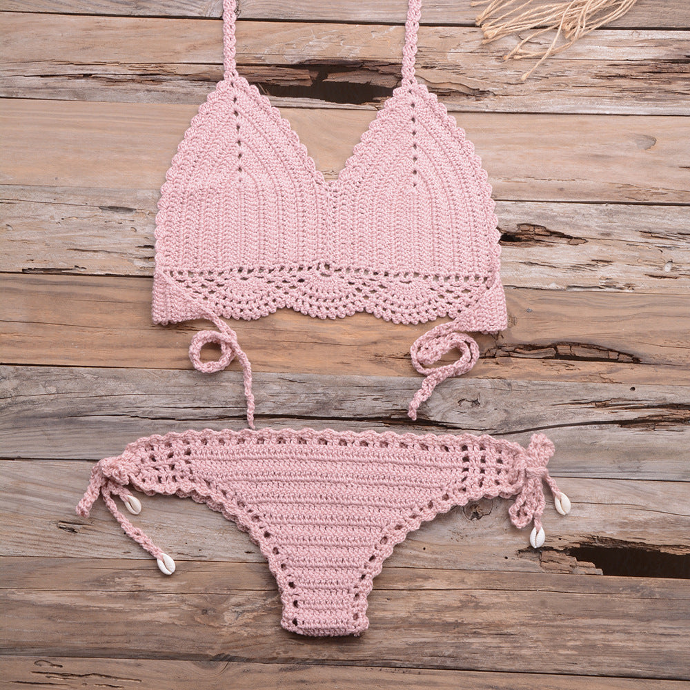 Beach Hollow-out Handmade Woven Split Strap Tank-Top Matching Shell Bikini Briefs