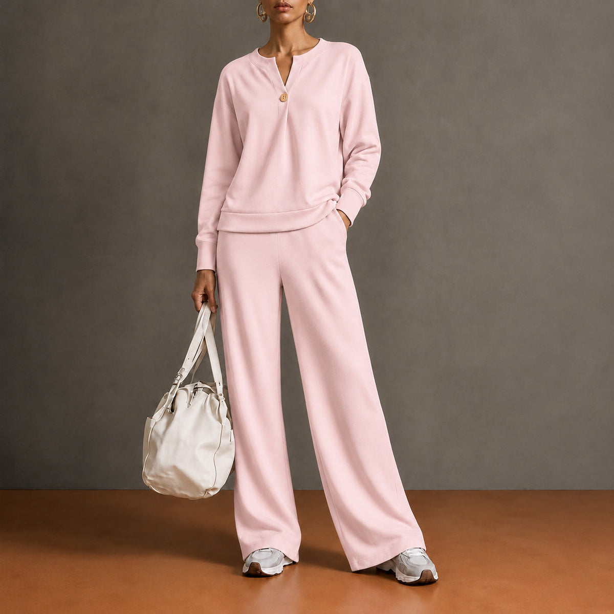 Women's Single-Button Split-Neck Sweatshirt & Wide-Leg Pants Set