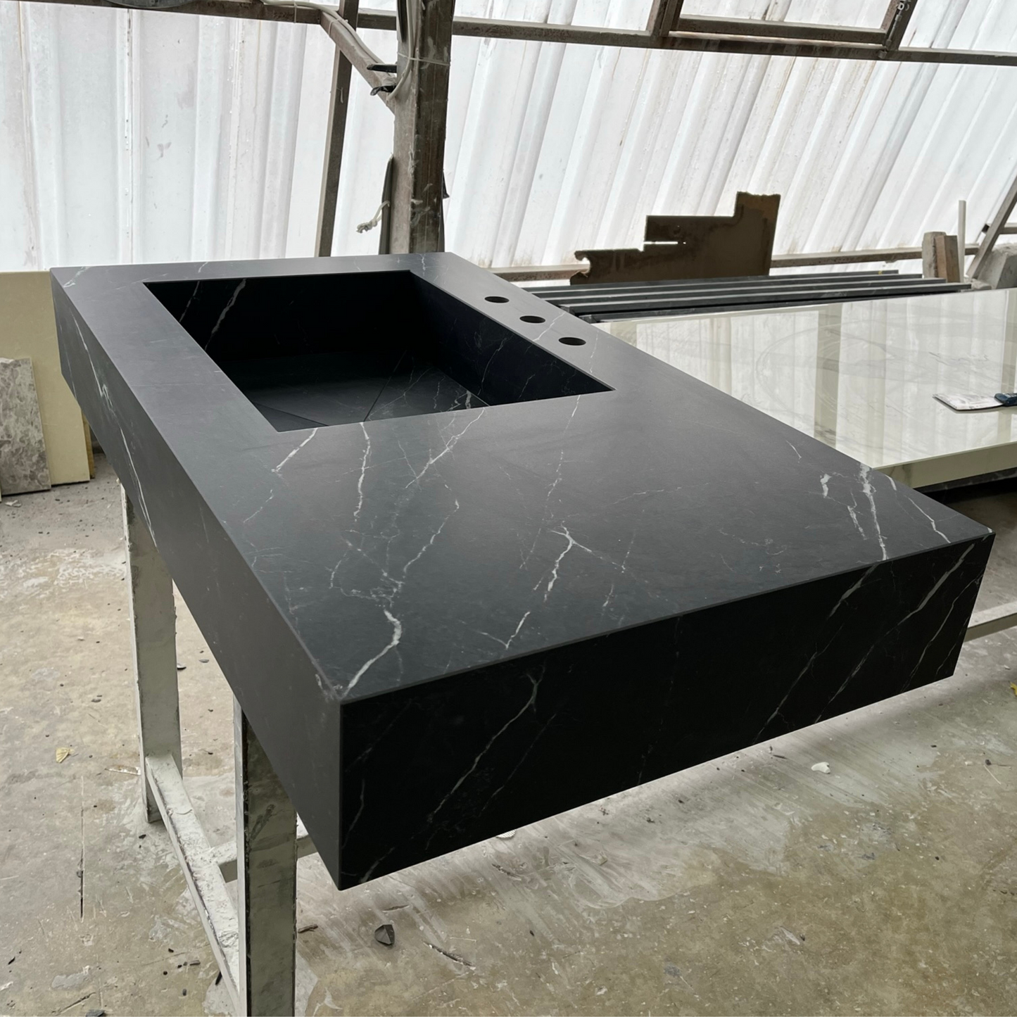 Nero Marquina Black Marble Look Engineered Porcelain Bathroom Sink - Hand-Crafted