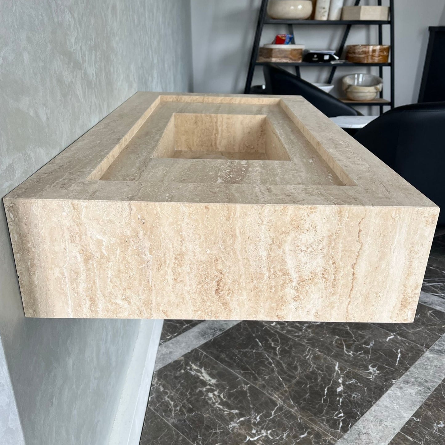 Handcrafted Travertine Natural Stone Bathroom Sink - Custom Artisan Masterpiece