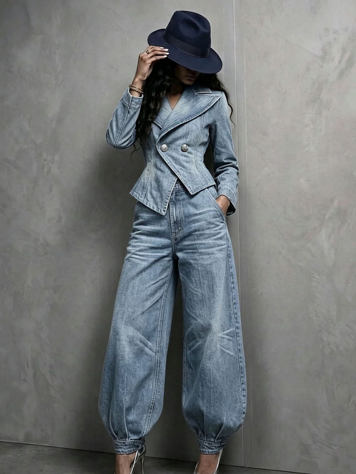 Women's Washed Distressed Denim Asymmetric Double-Breasted Jacket & Balloon-Leg Trouser Set